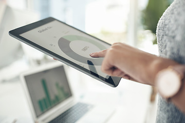 Image showing Businesswoman, investor or financial analyst analyzing business profit, data and strategy on tablet. Female banker, manager or freelancer working on statistic graph standing in an office.