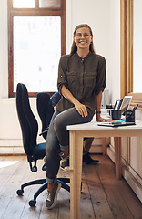 Image showing Creative startup entrepreneur and leader, motivation and inspiration for young females. Happy caucasian business woman and owner of consulting agency you can trust, sitting and smiling on work desk.