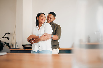 Image showing Hugging, romance and playful couple enjoying cuddle, love and bonding while laughing together at home. Loving husband giving affection, care and embrace to his happy, relaxing and funny wife