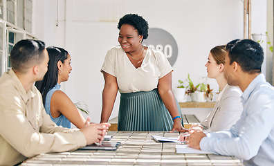 Image showing Female leader talking in team meeting, collaboration and planning for a business or company project. A group of social media content writers discussing, thinking and coming up with new ideas