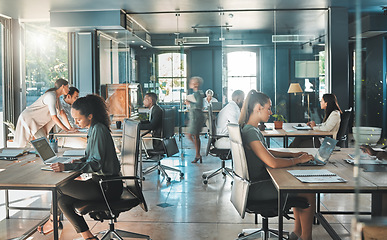 Image showing Corporate business people working in busy marketing office space, planning strategy in books and reading email on laptop at work. Businessman, businesswoman and workers at startup advertising company