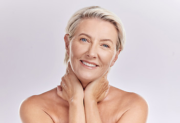 Image showing Skincare, smile and mature happy woman in beauty, face and health in a studio background. Portrait of an elderly model lady in wellness, health and cosmetics with beautiful teeth, skin and eyes.