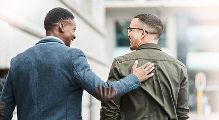 Image showing Support, trust and motivation between friends, coworkers and casual men feeling happy about job opportunity or promotion while walking in city during lunch break. Proud guy congratulating his buddy