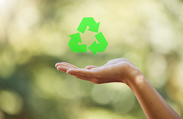 Image showing Hand, closeup recycle sign isolated with bokeh effect background. Zero waste, ecology and environmental symbol for sustainable living. Clean and eco friendly habits to protect and save the earth.