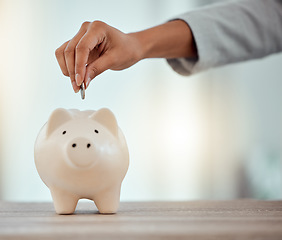 Image showing Savings, investment or hand putting a coin into a piggy bank to save for future growth and financial freedom. Closeup of a female hand dropping or investing money into a retirement fund container