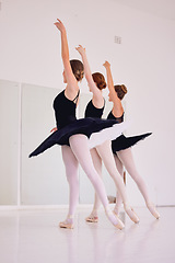 Image showing Ballet dancers dancing and practicing in a dance studio together preparing for a performance. Group of elegant, skilled and talented ballerinas moving in sync and learning in a class or club