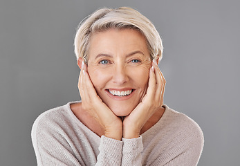 Image showing Portrait of woman showing beauty skincare with smile, happiness with dental health and face of healthy elderly person in retirement. Headshot of woman model with cosmetics, skin wellness and hair