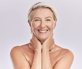 Image showing Skincare, bodycare and face of a mature woman with wrinkles and anti aging beauty hygiene routine. Portrait of happy senior lady with a healthy, wellness and self care lifestyle in a studio.
