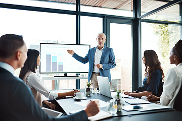 Image showing Education, training or learning on screen in business boardroom meeting to analyze data, chart or report. Manager with team of motivated executives in workshop presentation to plan vision or strategy