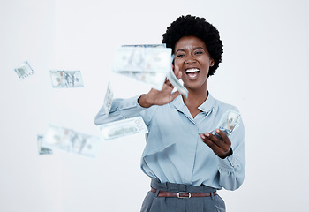 Image showing Spending money, celebrating finance and investment growth or savings, wealth and budget development. Portrait of excited and motivated woman throwing bank cash, notes and currency after lottery win