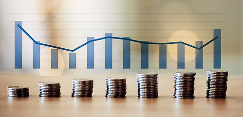 Image showing . Stock market or economic growth, inflation line bar graph and financial governance or compliance with money coins on business table. Increase in cost and prices due to forex and currency exchange.