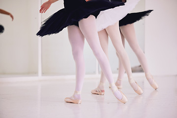 Image showing Ballet dance, dancing or performing girls during practice rehearsal in studio with low angle legs sequence. Group of ballerina dancers or artist in tutu costume with shoes practicing art performance