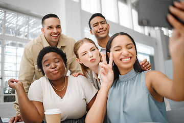 Image showing Fun, goofy or playful team selfie on phone and having fun, goofing around or making silly face expressions. Diverse or cheerful group of business friends or creative colleagues posing on social media