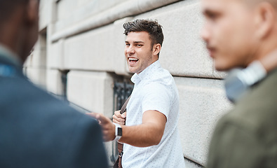 Image showing Startup entrepreneur feeling happy and excited while outside with his team looking for opportunity. Motivated and dedicated small business colleagues laughing and smiling while feeling ambitious