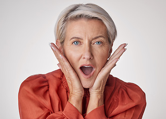 Image showing Shocked, surprised and old face of a beautiful senior woman with a wow facial expression. Portrait of an old and elderly female in shock about a retail sale deal, secret or good news or announcement