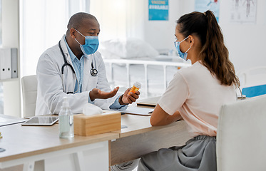 Image showing Talking doctor, covid patient and pills or medicine in medical consultation, checkup and visit in clinic, hospital and healthcare center. Professional gp and worker explaining side effects to woman