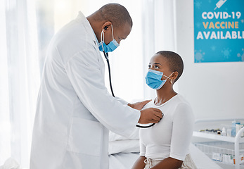 Image showing Doctor listening to heartbeat of covid patient, breathing and lungs with stethoscope for healthcare checkup, test and consulting in clinic. Medical hospital with cardiology physician for tuberculosis