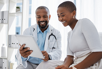 Image showing Doctor, healthcare and medicine with a patient talking test results and progress on a tablet in a hospital clinic. Trust, help and medical consulting with a professional medicare worker in his office