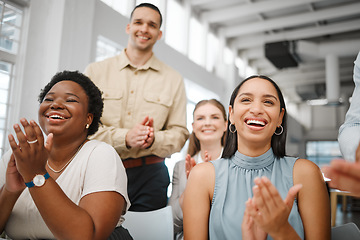 Image showing Clapping, celebrating and excited after training presentation, office meeting or education workshop for creative group. Diverse, cheering or motivated colleagues smiling with growth mindset or vision