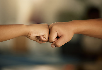 Image showing Power, teamwork and solidarity fist bump gesture of people showing support, success or achieving goal. Celebrating, winning hands doing greeting as motivation, unity or team effort emoji