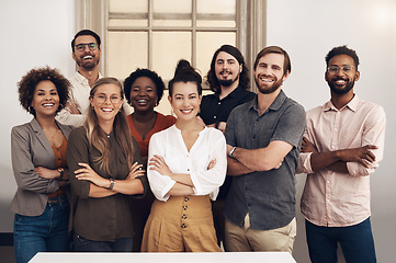 Image showing Happy, diverse and smiling startup entrepreneurs standing together showing teamwork goals. Contact us and learn about us and our vision, mission and faq from our international business community