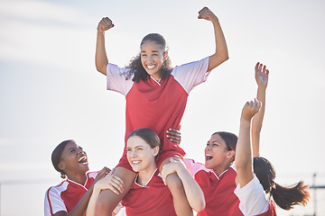 Image showing Win, celebrate and excited women soccer team happy about winning a football match or goal. Success, achievement and sport teamwork collaboration of winner sports women with community support mindset