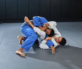 Image showing . Mma, martial arts and fighting with a student and teacher grappling on the ground during a lesson or workout in a sports studio. Training, practicing and sparring for self defense and combat sport.