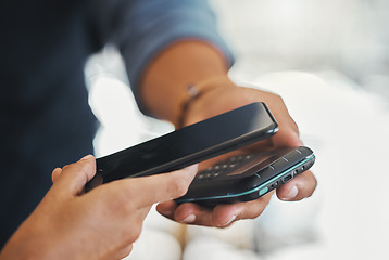 Image showing Ecommerce, fintech and digital financial payment technology made on phone, at coffee shop. Closeup of customer experience with nfc credit card shopping, at business retail store or restaurant cafe