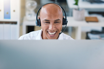 Image showing Customer support, receptionist or call center agent consulting with wireless headset. Happy telemarketer working in ecommerce with technology. Smiling hotline operator doing crm communication