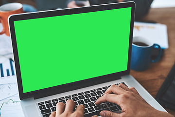 Image showing Green screen, copyspace and chromakey on a laptop of a business person typing an email, browsing the internet and planning. Closeup of employee designing a website and searching the web online