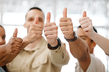 Image showing Hand closeup of motivation, thumbs up and team support of professional architecture, marketing or designers. Startup business employees, staff or colleagues giving their approval and symbol of trust