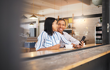 Image showing Couple phone selfie, love and cafe date in coffee shop or restaurant and bonding, enjoying free time or smiling. Happy, romantic or cheerful man and woman sitting together and meeting from dating app