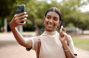 Image showing Phone selfie of fashion, style and beauty vlogger smiling for social media content in a park. Wellness, glamour and lifestyle influencer marketing makeup while looking elegant and trendy outdoors