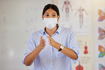 Image showing Pandemic, mask and doctor talking at school career presentation or parent and teacher meeting. Covid protocol and restrictions in education for illness protection for staff and children at risk.