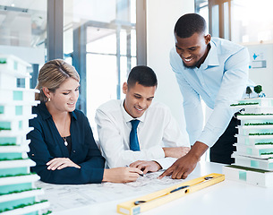 Image showing Design, architecture and diversity of a team of architects working on construction blueprint plan. Happy, creative colleagues or engineer planning a building layout for a project in the office.