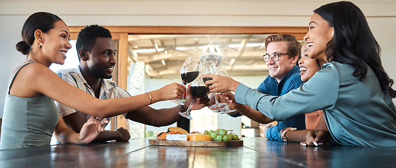 Image showing Friends, wine tasting and toasting alcohol with drinking glasses in restaurant on farm, winery estate or countryside distillery. Diversity, bonding or happy men and women enjoying vineyard red merlot