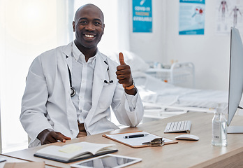 Image showing Doctor with thumbs up, success and trust hand sign or emoji for good healthcare, medical breakthrough or positive results. Happy portrait of health professional with like, thank you or ok finger icon