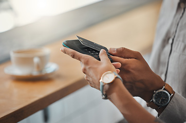 Image showing Contactless payment, NFC technology and tapping a bank or credit card for payment at a coffee shop, cafe or small business. Customer purchase or buying using a digital or wireless method to pay