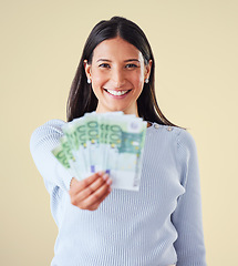 Image showing Winning money and financial success of happy woman saving cash for a banking budget. Portrait of an investing female planning finance investment growth, retirement and bank security for the future