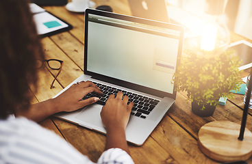 Image showing Creative entrepreneur hands typing on laptop, browsing internet and searching startup business ideas online. Ambitious, motivated and determined remote blogger, student or freelancer with online blog