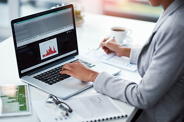 Image showing Female project manager typing on laptop looking at charts, analyzing statistics. Financial data analyst or business woman looking at KPI bar graph, measuring company strategy success and performance.