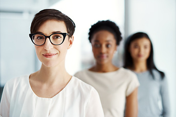 Image showing Portrait of a young woman leading a movement, empowering women while standing in a line together. Voters with a vision or goal, ready to share their opinion. Females uniting in support together