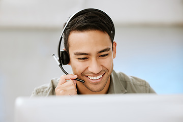 Image showing Call center agent, customer support and help desk employee talking to a client for a service company. Contact us for our happy sales consulting centre advisors to assist you and find out about us