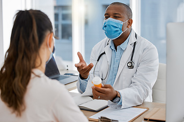 Image showing Covid healthcare, mental health and medicine doctor talking with a listening patient in medicare, hospital office visit or clinic. GP checkup, diagnosis or health insurance for depression medication