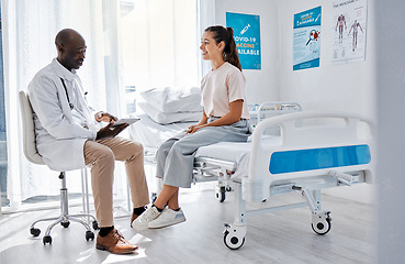 Image showing Doctor consulting, explaining diagnosis and medical checkup on digital tablet with patient in a clinic. Healthcare worker and physician in appointment with medicine advice, wellness and test feedback