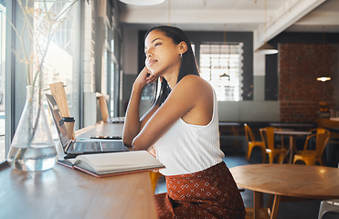 Image showing Thinking, idea and planning woman, writer or entrepreneur with a laptop and notebook dreaming of career growth, development and future plans. Freelancer at a coffee shop for internet blog inspiration