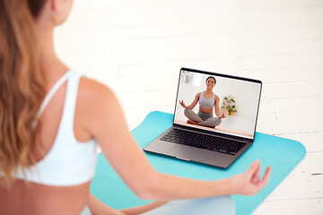 Image showing Yoga, meditation and wellness woman watching coach, teacher or professional health and exercise education video or live stream. Girl training and learning how to relax via online classes on a laptop