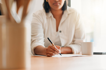 Image showing Writing notes, to do list and budget with paperwork, document and pen to sign, letter and write application form at home. Female hands planning insurance, tax and bills with investment and insurance