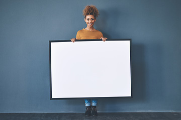 Image showing A sign, board and poster with blank copyspace sharing creative opinions for communication messages on a whiteboard. Voicing ideas and advertisement announcements, woman holding an empty board.