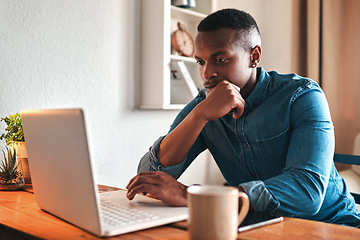 Image showing Man thinking, typing and working on a laptop remote for a social media startup content writing business. Planning, focused and serious freelancer, writer or author reading and reviewing an article